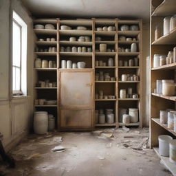 Create an image of a pantry in a state of disrepair