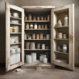 Create an image of a pantry in a state of disrepair