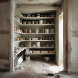 Create an image of a pantry in a state of disrepair