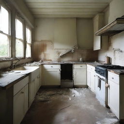 Create an image of a kitchen in a state of disrepair