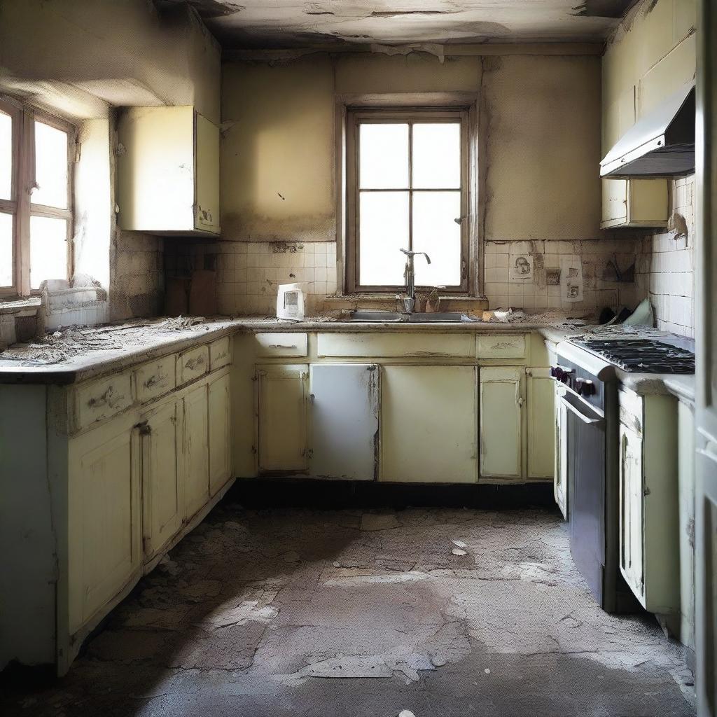 Create an image of a kitchen in a state of disrepair