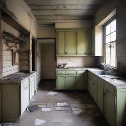 Create an image of a kitchen in a state of disrepair