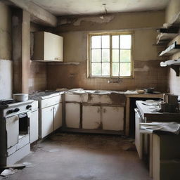 Create an image of a kitchen in a state of disrepair