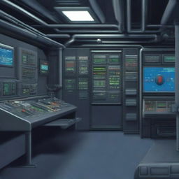 A room inside a military submarine featuring a control panel, depicted in 3D pixel art style