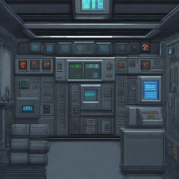 A room inside a military submarine featuring a control panel, depicted in 3D pixel art style