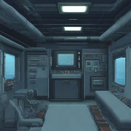 A room inside a military submarine featuring a control panel, depicted in 3D pixel art style