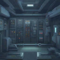 A room inside a military submarine featuring a control panel, depicted in 3D pixel art style