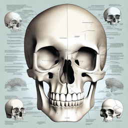 A detailed illustration of skull anatomy, showcasing the various bones and structures