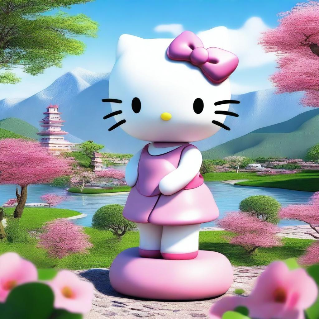 A 3D depiction of Hello Kitty with a beautiful makeup, set against a beautiful scenic background