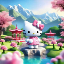 A 3D depiction of Hello Kitty with a beautiful makeup, set against a beautiful scenic background