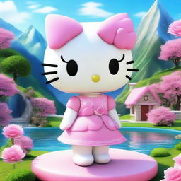 A 3D depiction of Hello Kitty with a beautiful makeup, set against a beautiful scenic background