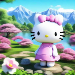 A 3D depiction of Hello Kitty with a beautiful makeup, set against a beautiful scenic background