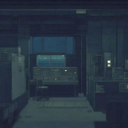 An abandoned military submarine room featuring a control panel, depicted in a 3D pixel art style