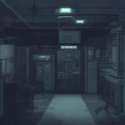 An abandoned military submarine room featuring a control panel, depicted in a 3D pixel art style