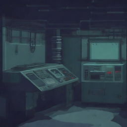 An abandoned military submarine room featuring a control panel, depicted in a 3D pixel art style