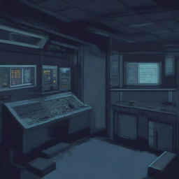 An abandoned military submarine room featuring a control panel, depicted in a 3D pixel art style