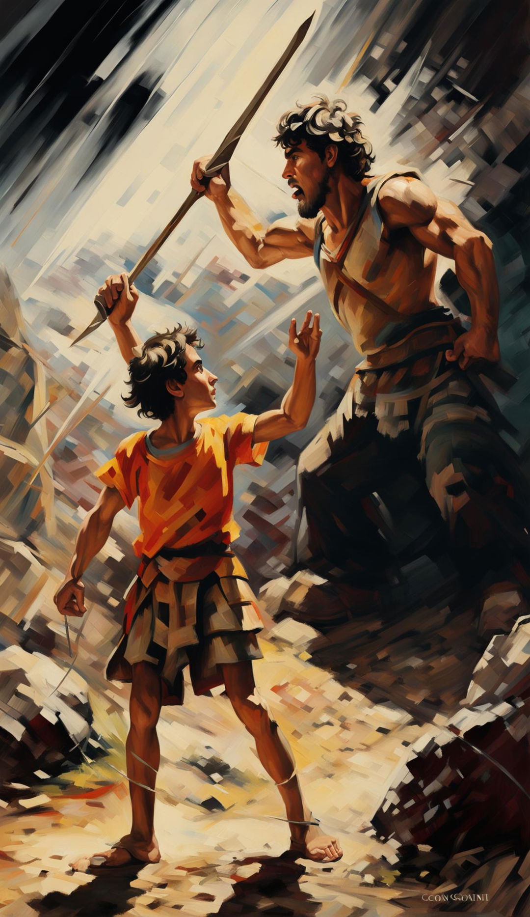 Impressionist painting from over David's shoulder as he faces Goliath in the distance, capturing the tension and anticipation of their impending battle.