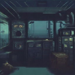 Instruments on an abandoned military submarine, depicted in pixel art style