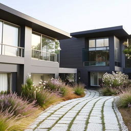 A modern duplex house with large glass windows, a well-maintained front yard adorned with beautiful flowers and a stone walkway.