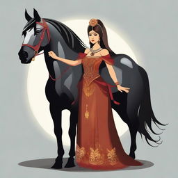 Create a vector illustration of the legendary character 'La Siguanaba,' a woman with a long dark dress and the face of a mare