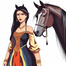 Create a vector illustration of the legendary character 'La Siguanaba,' a woman with a long dark dress and the face of a mare