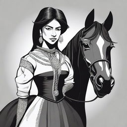 Create a vector illustration of the legendary character 'La Siguanaba,' a woman with a long dark dress and the face of a mare