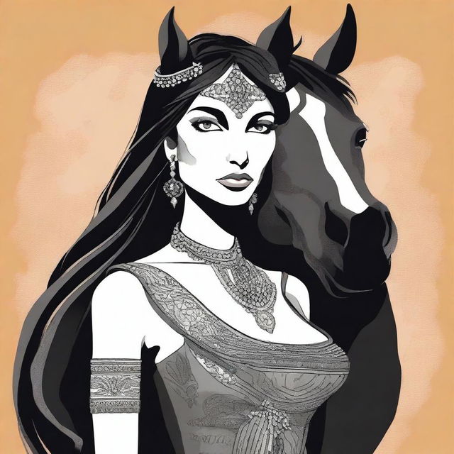 Create a vector illustration of the legendary character 'La Siguanaba,' a woman with a long dark dress and the face of a mare