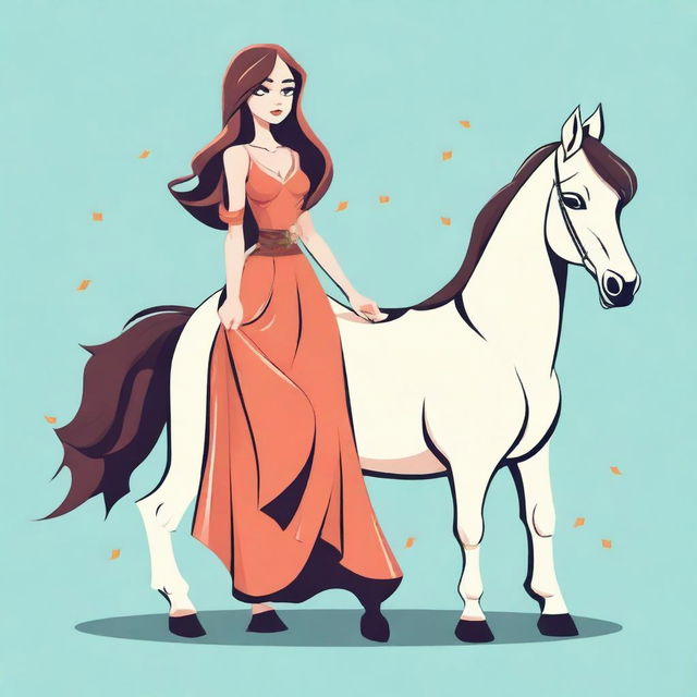 Create a vector illustration in toon style of a full-body woman with a horse head, wearing a long dress