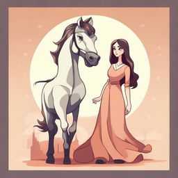 Create a vector illustration in toon style of a full-body woman with a horse head, wearing a long dress