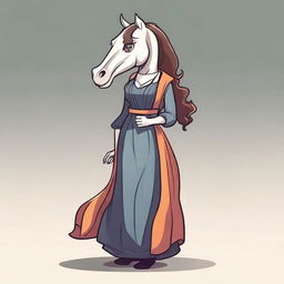 Create a vector illustration in toon style of a full-body woman with a horse head, wearing a long dress