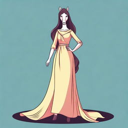 Create a vector illustration in toon style of a full-body woman with a horse head, wearing a long dress