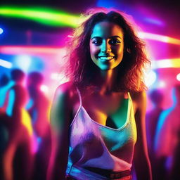 A vibrant scene of a young woman in a European nightclub