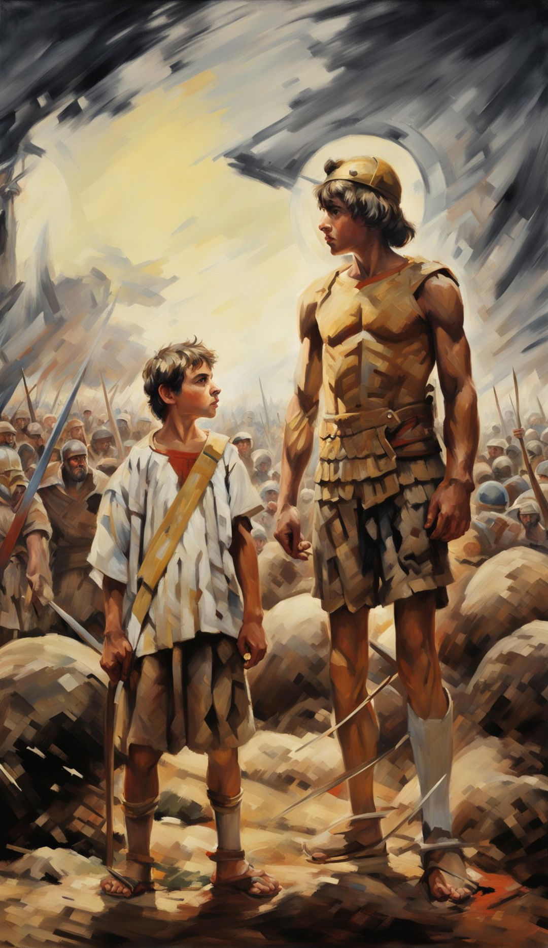 Impressionist painting of David and Goliath on a battlefield, with contrasting colors and brush strokes emphasizing the difference between the two figures and their armies.