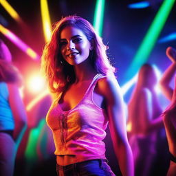 A vibrant scene of a young woman in a European nightclub