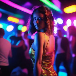 A vibrant scene of a young woman in a European nightclub