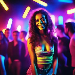 A vibrant scene of a young woman in a European nightclub