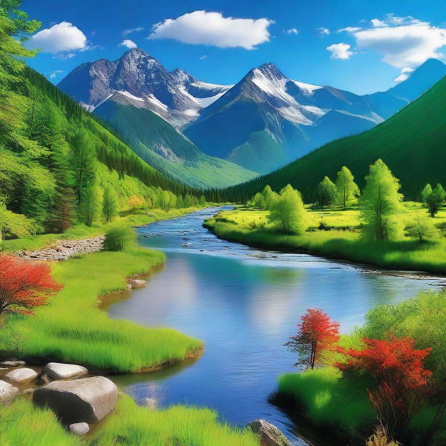 A vibrant and colorful image showcasing a serene landscape with mountains, a river flowing through a lush forest, and a clear blue sky with fluffy white clouds