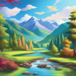 A vibrant and colorful image showcasing a serene landscape with mountains, a river flowing through a lush forest, and a clear blue sky with fluffy white clouds