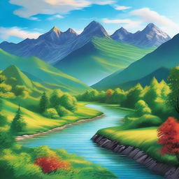 A vibrant and colorful image showcasing a serene landscape with mountains, a river flowing through a lush forest, and a clear blue sky with fluffy white clouds