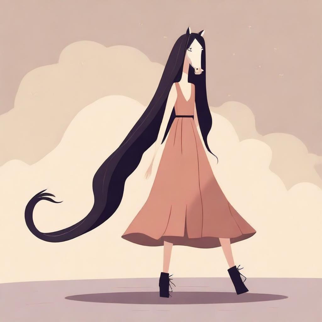 Create a toon-style vectorial illustration of a full-body skinny woman with a horse head