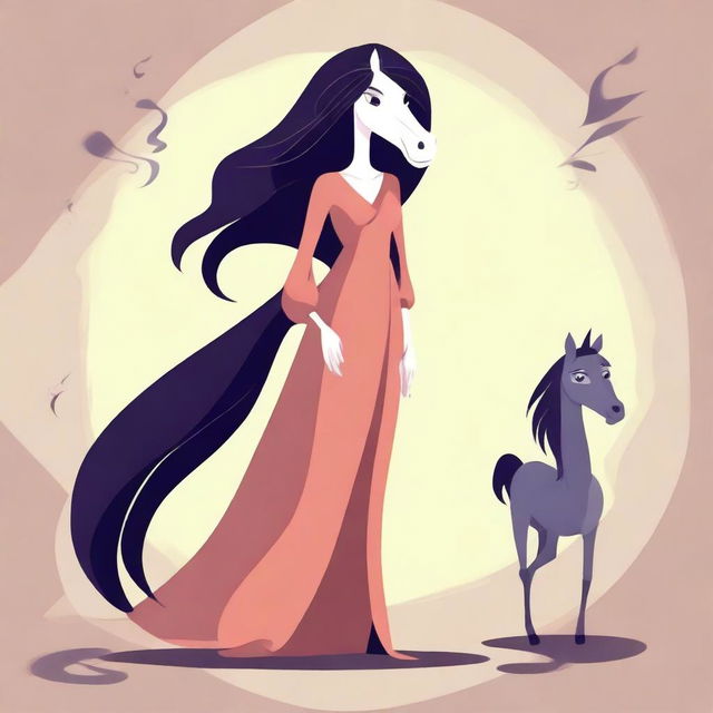 Create a toon-style vectorial illustration of a full-body skinny woman with a horse head