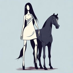 Create a vector image of a skinny tall woman with long dark hair and a horse head instead of a human head