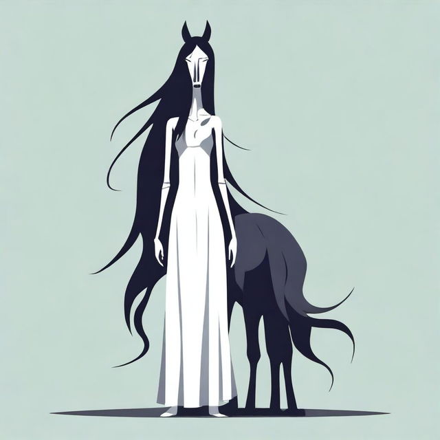 Create a vector image of a skinny tall woman with long dark hair and a horse head instead of a human head