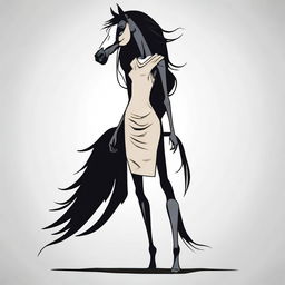 Create a vector image of a skinny tall woman with long dark hair and a horse head instead of a human head