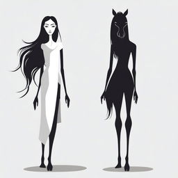 Create a vector image of a skinny tall woman with long dark hair and a horse head instead of a human head