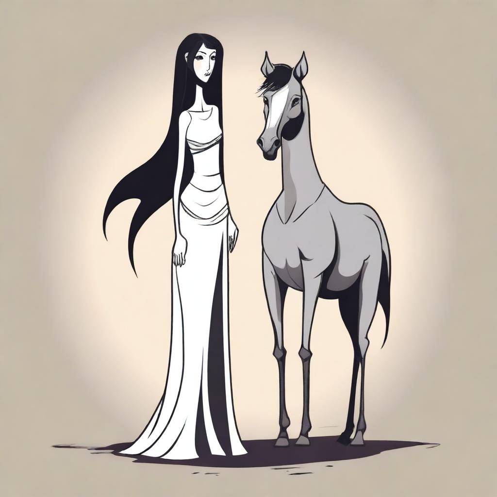 Create a toon style vector image of a skinny tall woman with long dark hair and a horse head instead of a human head