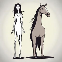 Create a toon style vector image of a skinny tall woman with long dark hair and a horse head instead of a human head