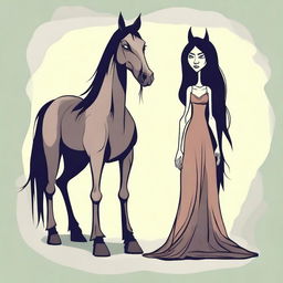 Create a toon style vector image of a skinny tall woman with long dark hair and a horse head instead of a human head