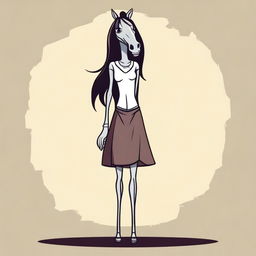 Create a toon style vector image of a skinny tall woman with long dark hair and a horse head instead of a human head