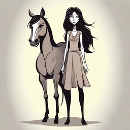 Create a vector image in a toon style of a skinny tall woman with long dark hair and a horse head on her shoulders